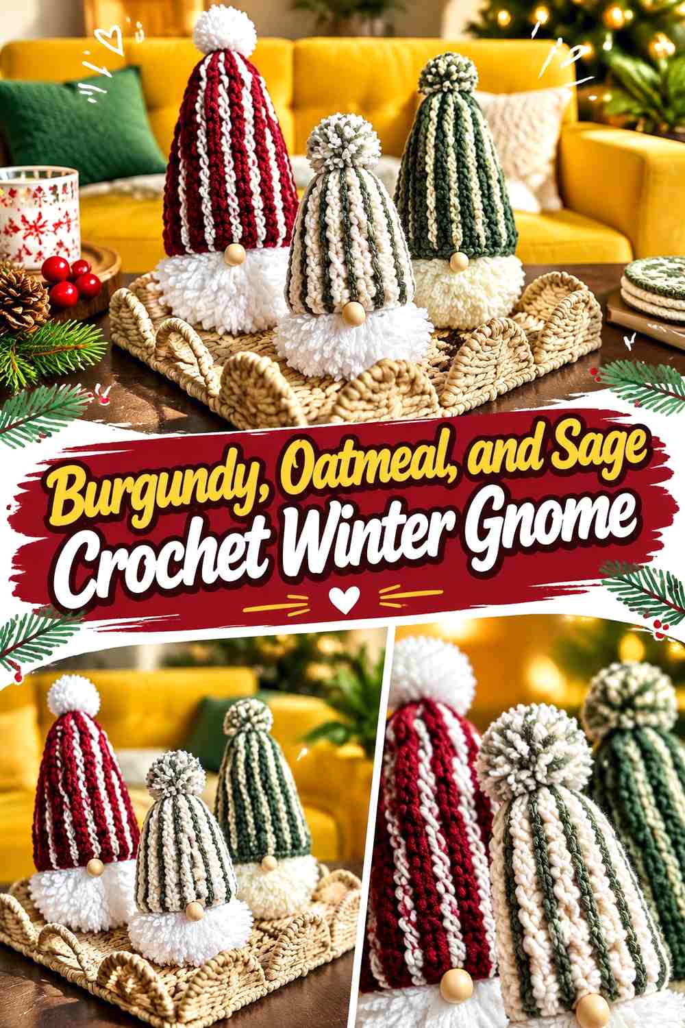 Burgundy, Oatmeal, and Sage Crochet Winter Gnome