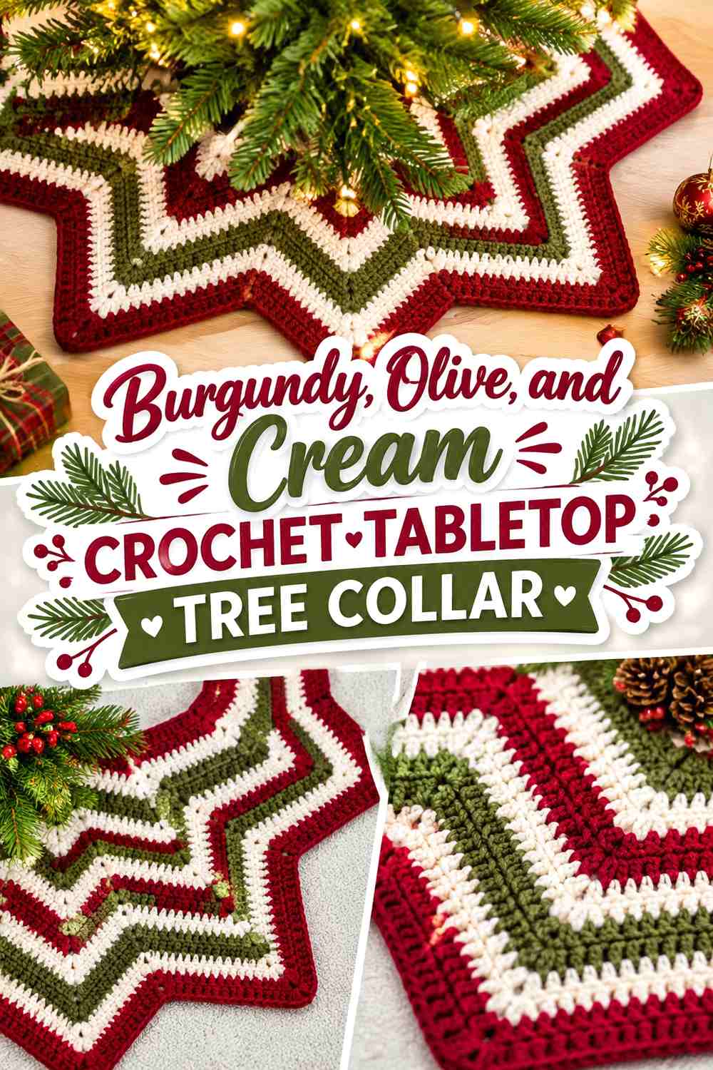 7. Burgundy Olive And Cream Crochet Tabletop Tree Collar