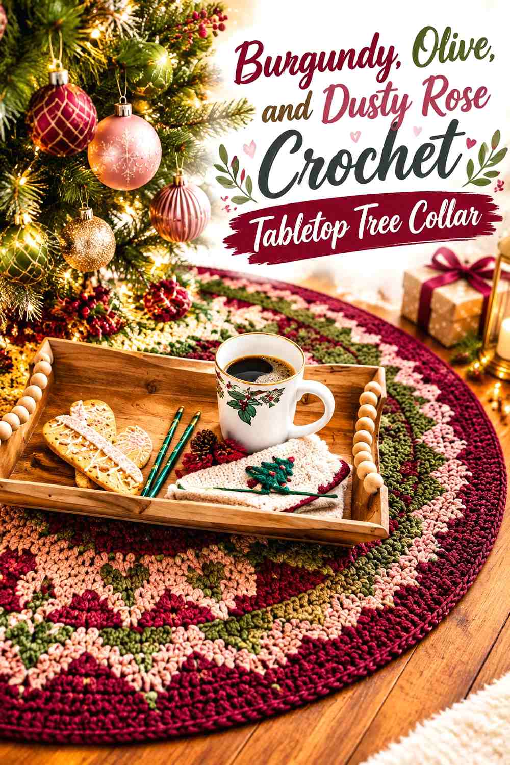 10. Burgundy Olive And Dusty Rose Crochet Tabletop Tree Collar