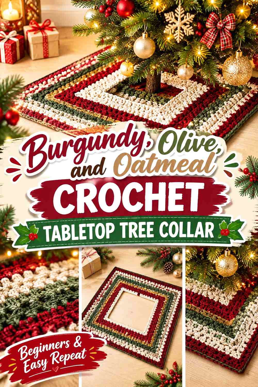8. Burgundy Olive And Oatmeal Crochet Tabletop Tree Collar