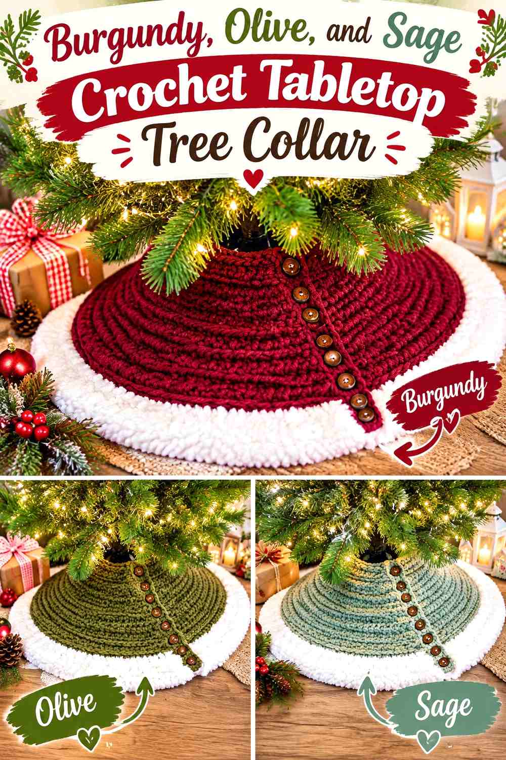 12. Burgundy Olive And Sage Crochet Tabletop Tree Collar