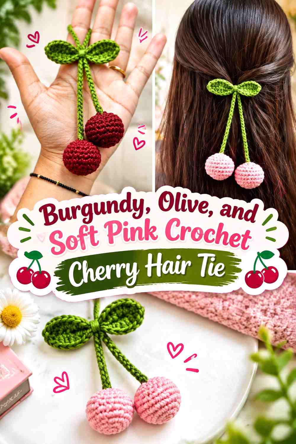 Burgundy, Olive, and Soft Pink Crochet Cherry Hair Tie
