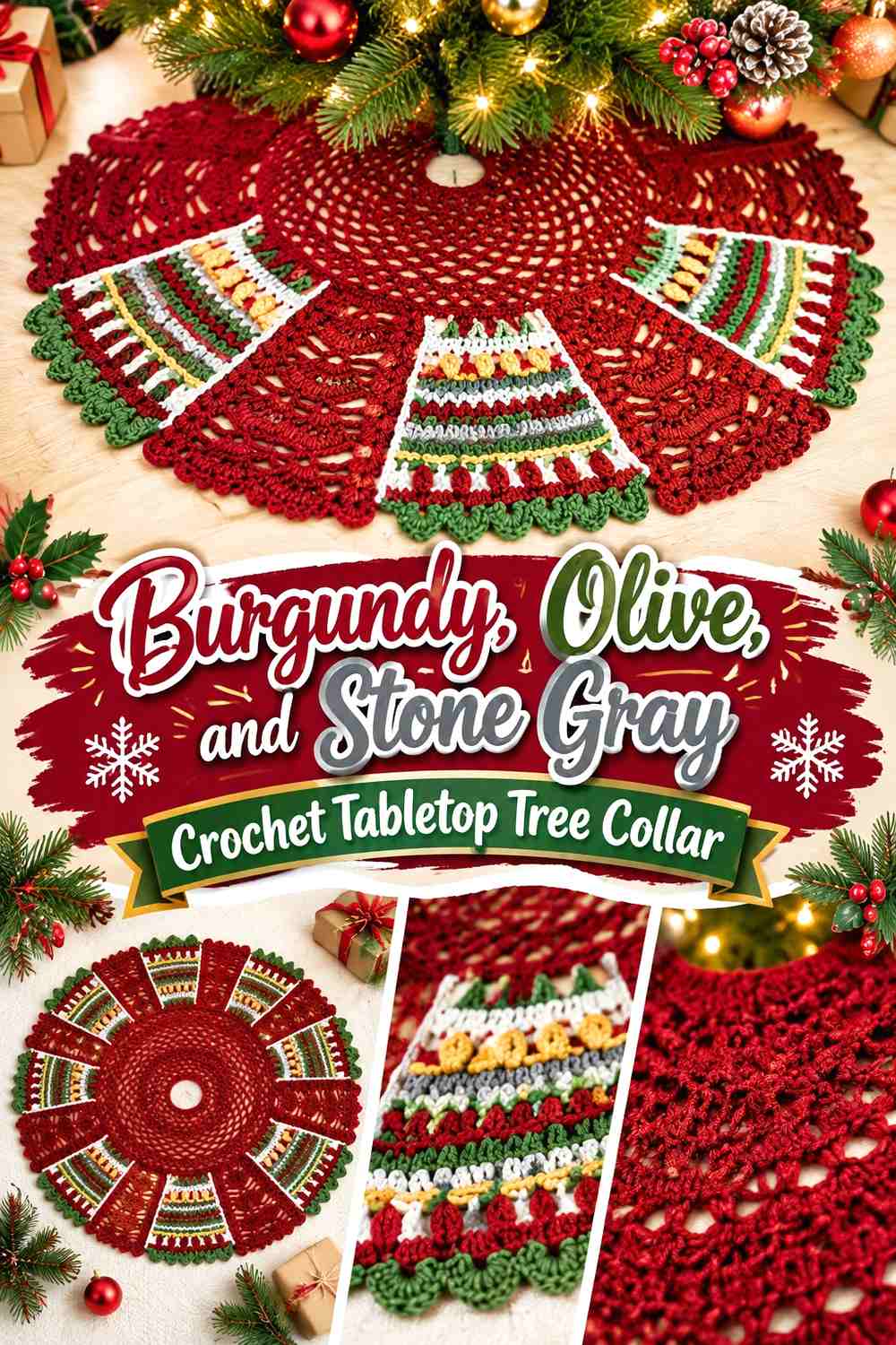 14. Burgundy Olive And Stone Gray Crochet Tabletop Tree Collar