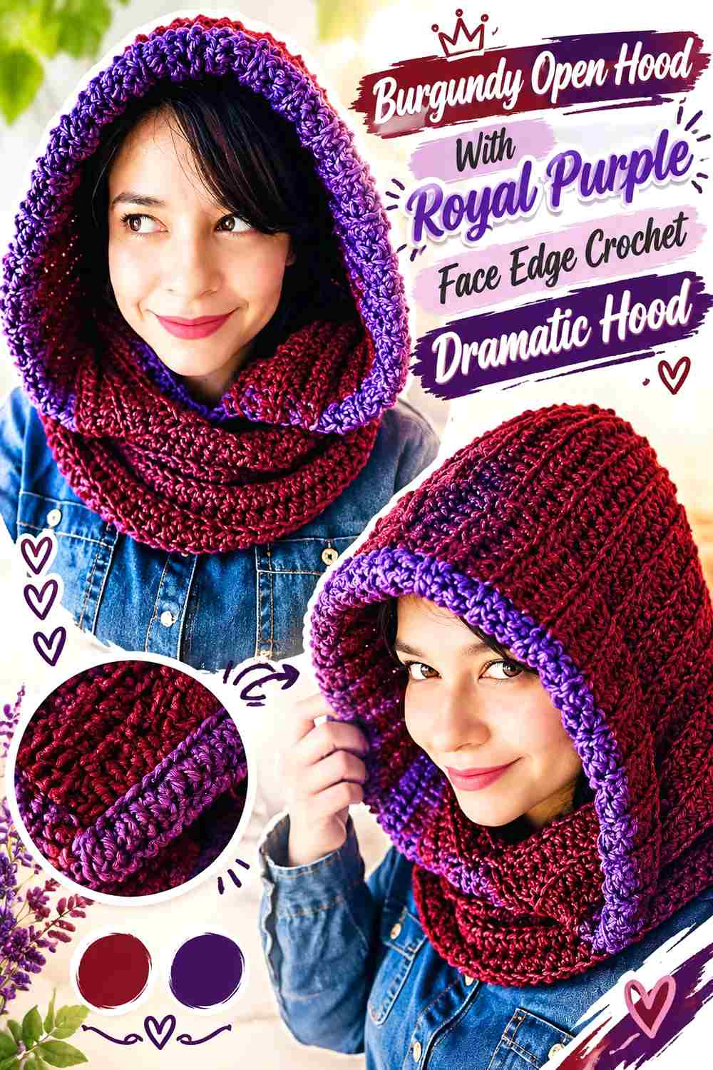 13. Burgundy Open Hood With Royal Purple Face Edge Crochet Dramatic Hood