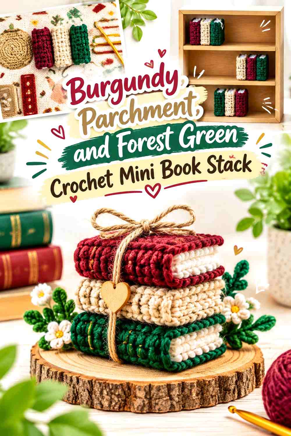 Burgundy, Parchment, and Forest Green Crochet Mini Book Stack