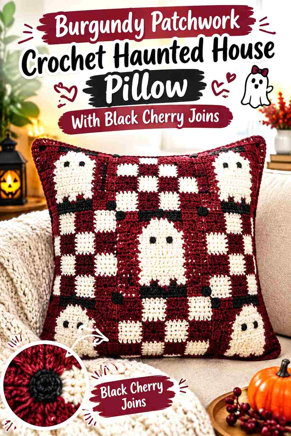 5. Burgundy Patchwork Crochet Haunted House Pillow With Black Cherry Joins