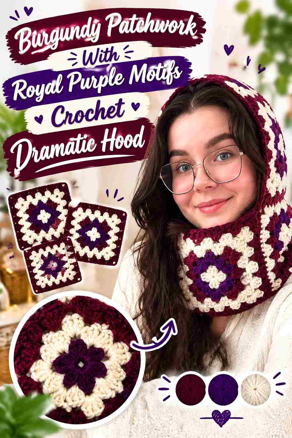 7. Burgundy Patchwork With Royal Purple Motifs Crochet Dramatic Hood
