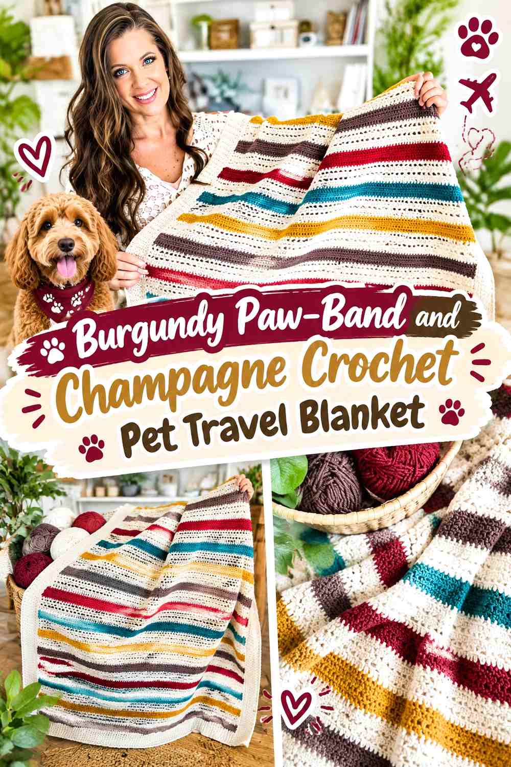 Burgundy Paw-Band and Champagne Crochet Pet Travel Blanket