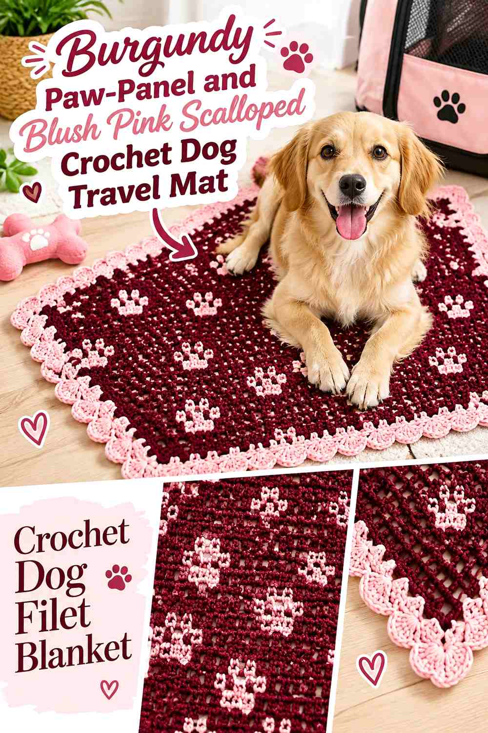 Burgundy Paw-Panel and Blush Pink Scalloped Crochet Dog Travel Mat