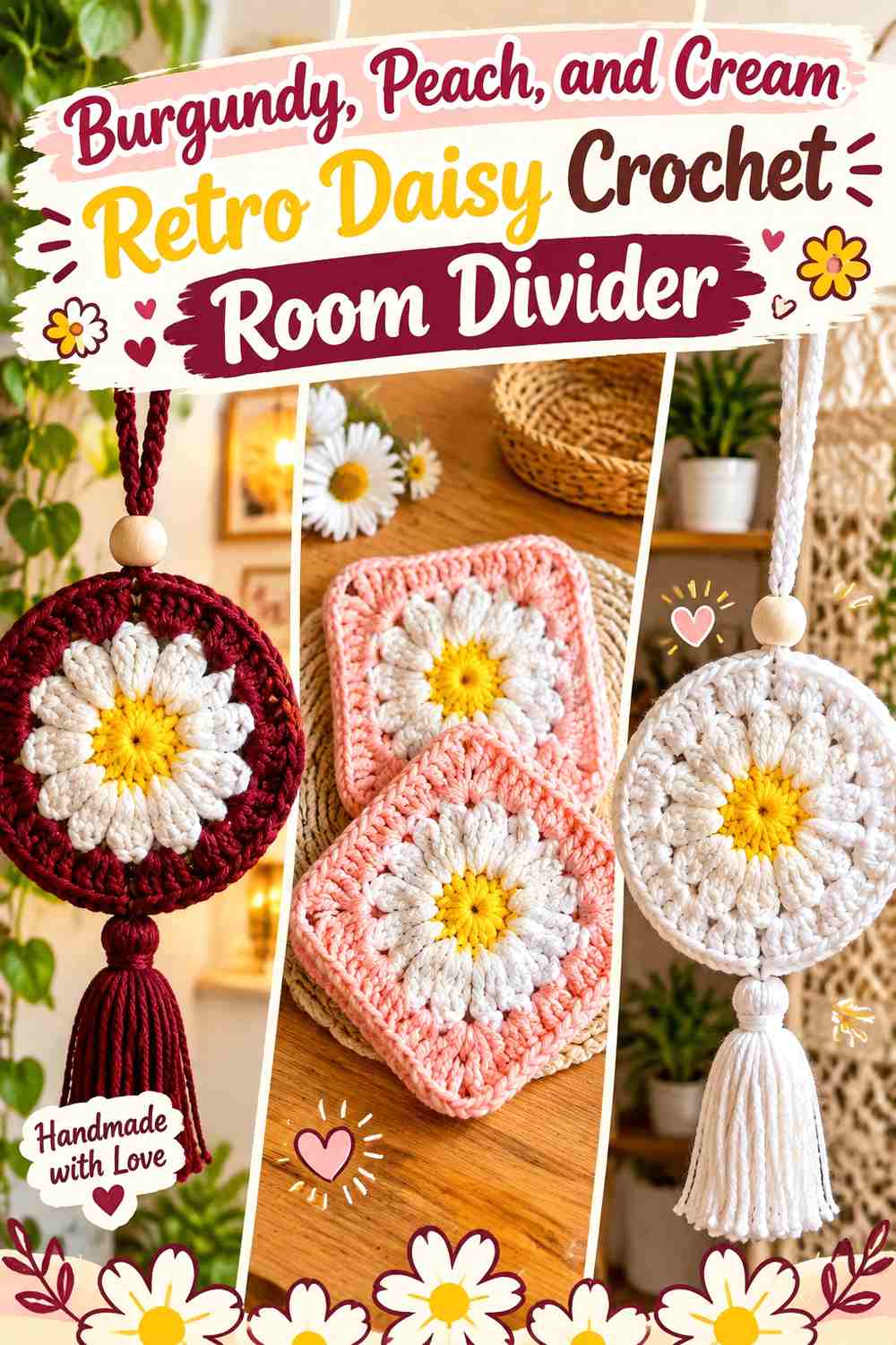 Burgundy, Peach, and Cream Retro Daisy Crochet Room Divider