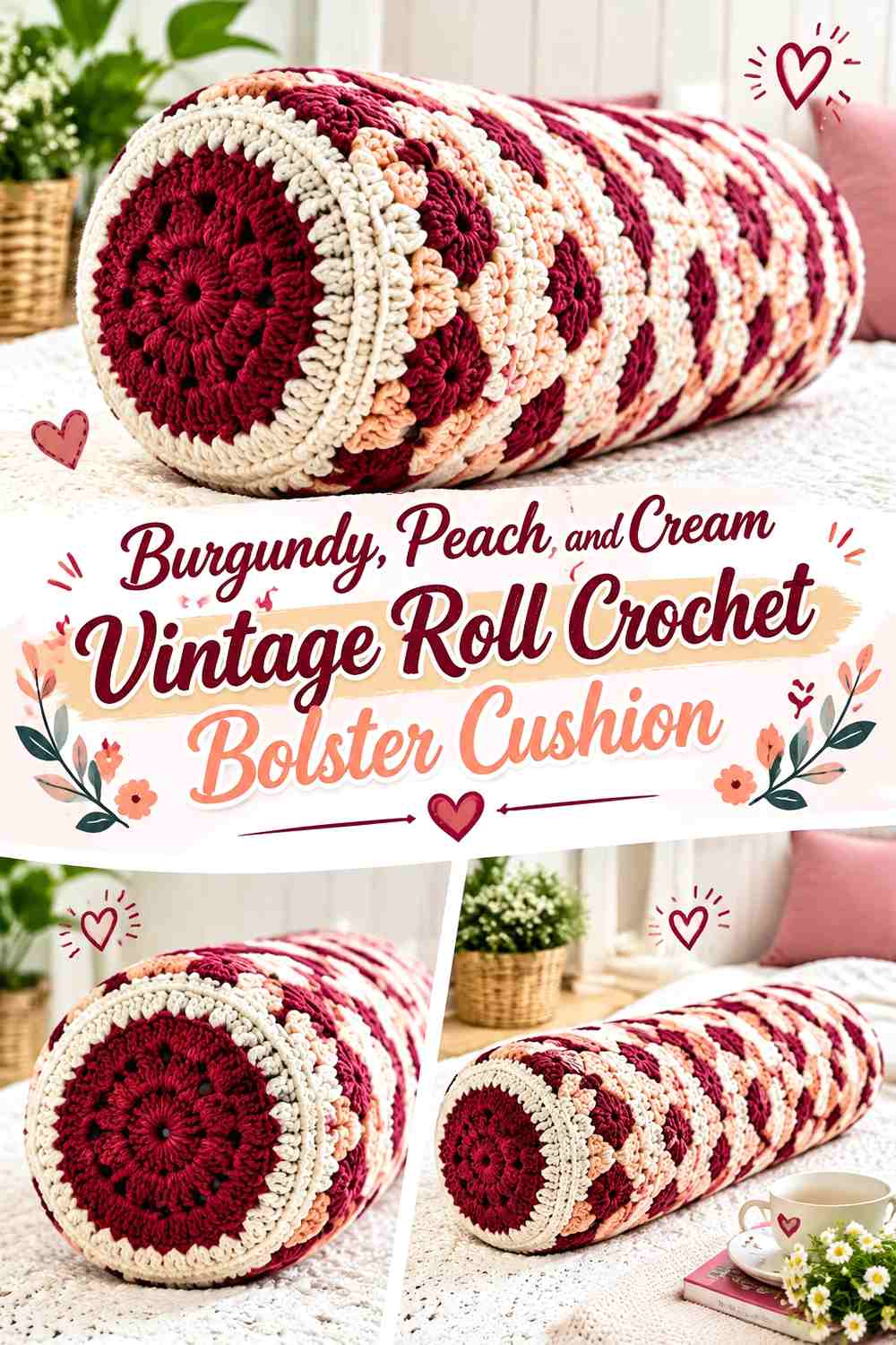 Burgundy, Peach, and Cream Vintage Roll Crochet Bolster Cushion