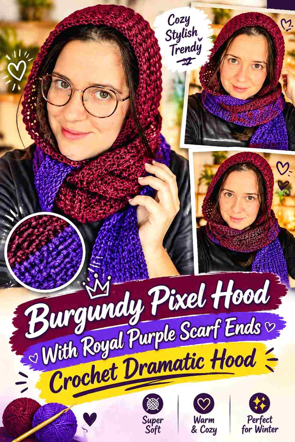 11. Burgundy Pixel Hood With Royal Purple Scarf Ends Crochet Dramatic Hood
