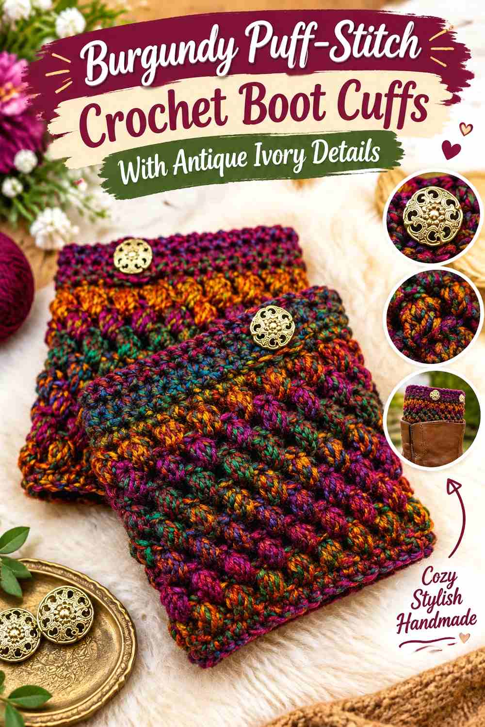12. Burgundy Puff Stitch Crochet Boot Cuffs With Antique Ivory Details