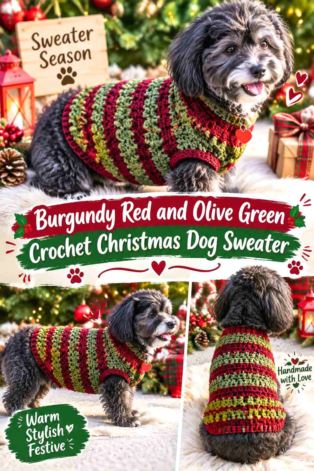 Burgundy Red and Olive Green Crochet Christmas Dog Sweater