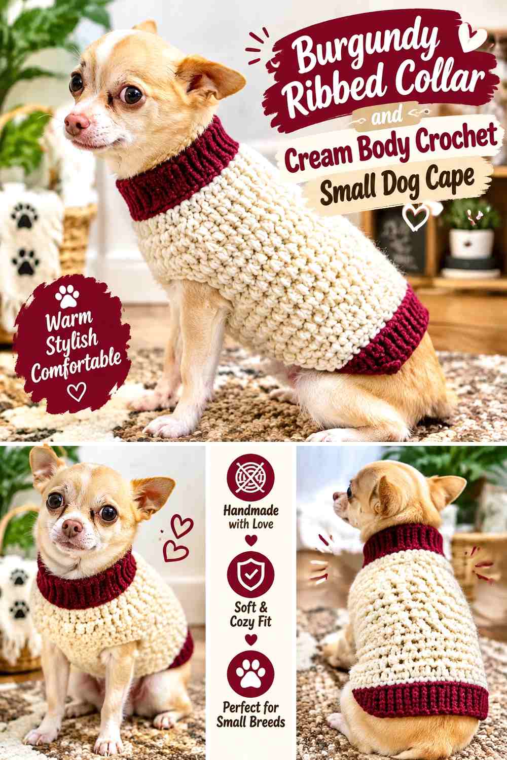 Burgundy Ribbed Collar and Cream Body Crochet Small Dog Cape