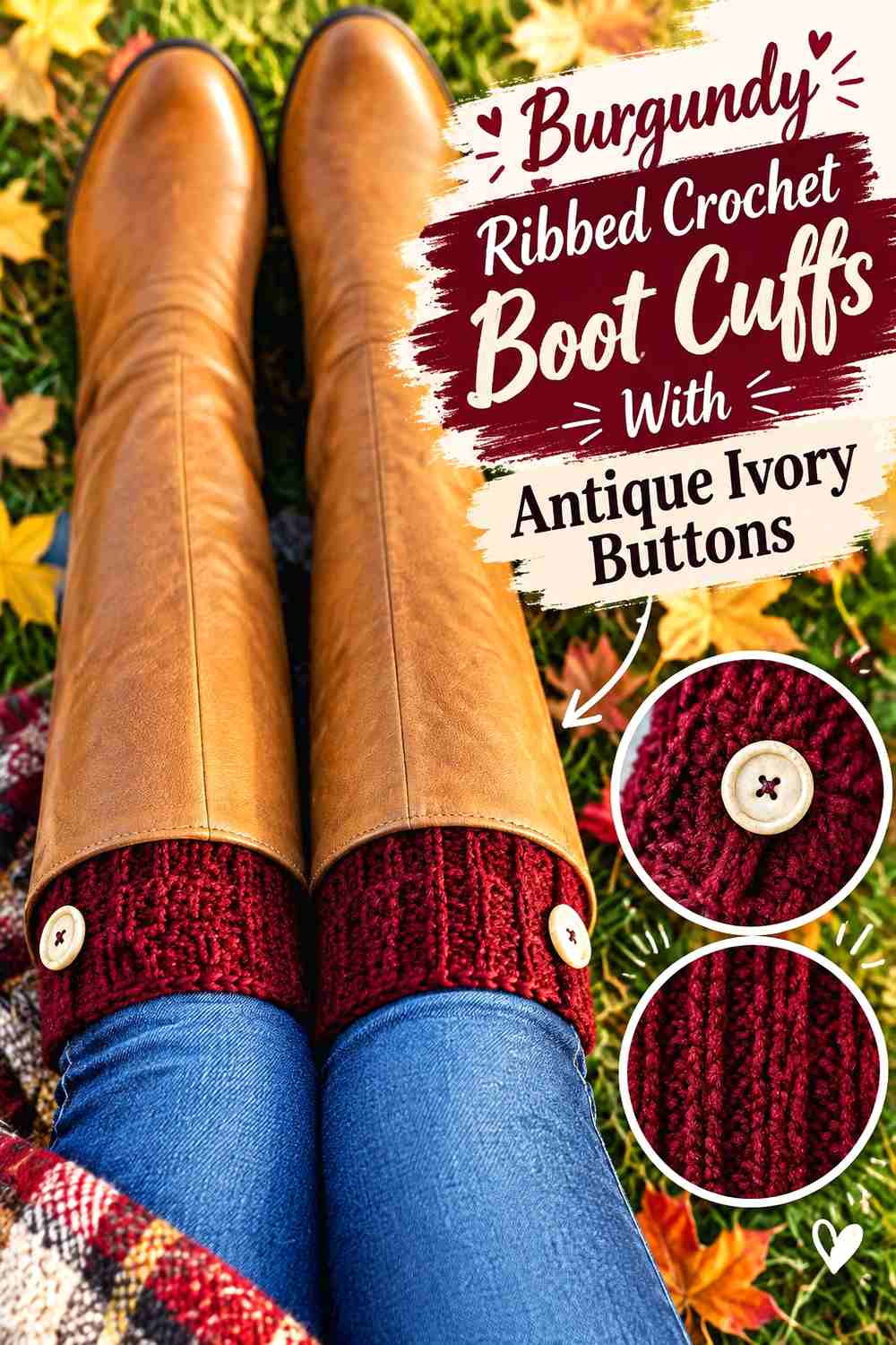 2. Burgundy Ribbed Crochet Boot Cuffs With Antique Ivory Buttons