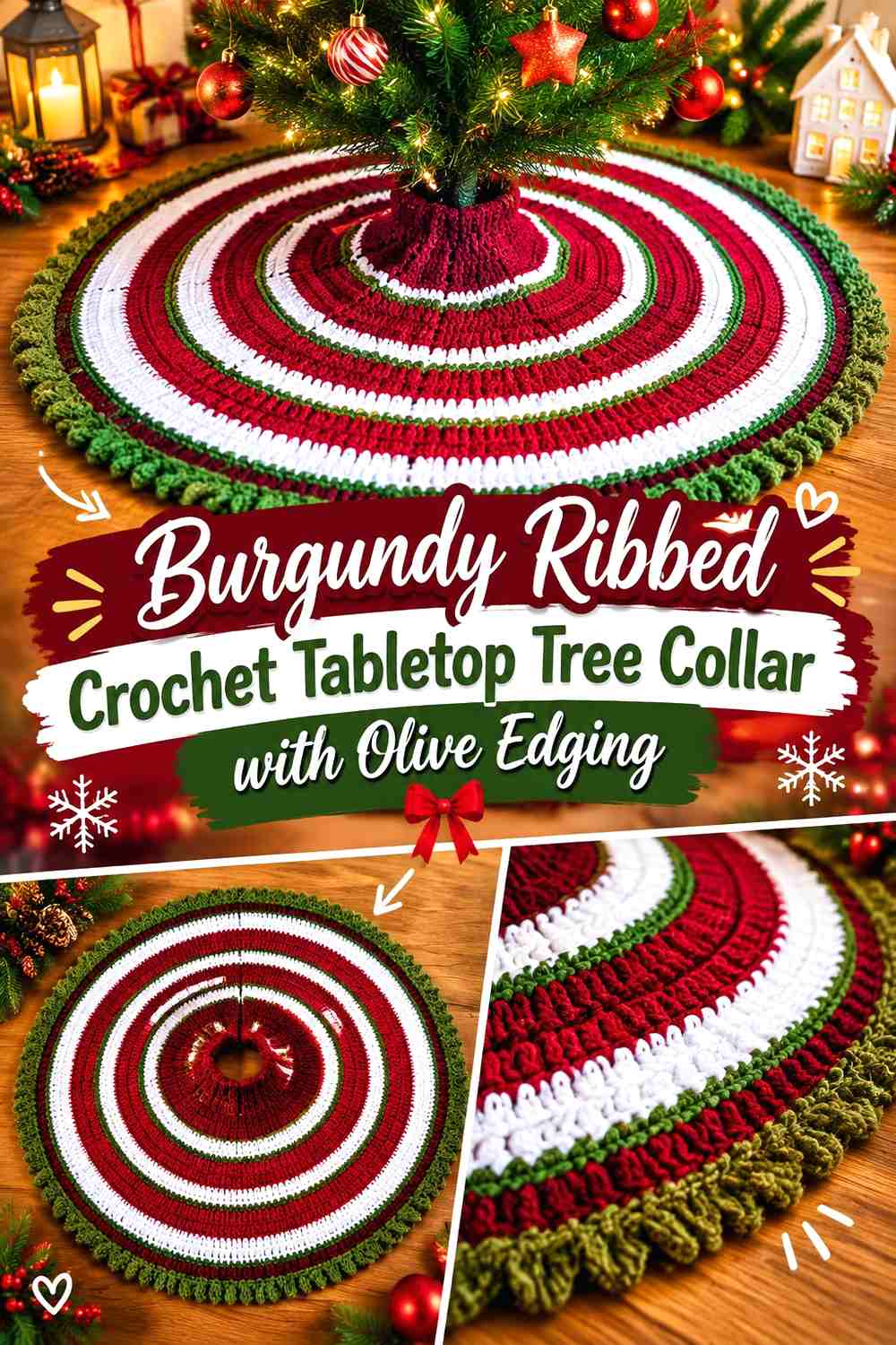 4. Burgundy Ribbed Crochet Tabletop Tree Collar With Olive Edging