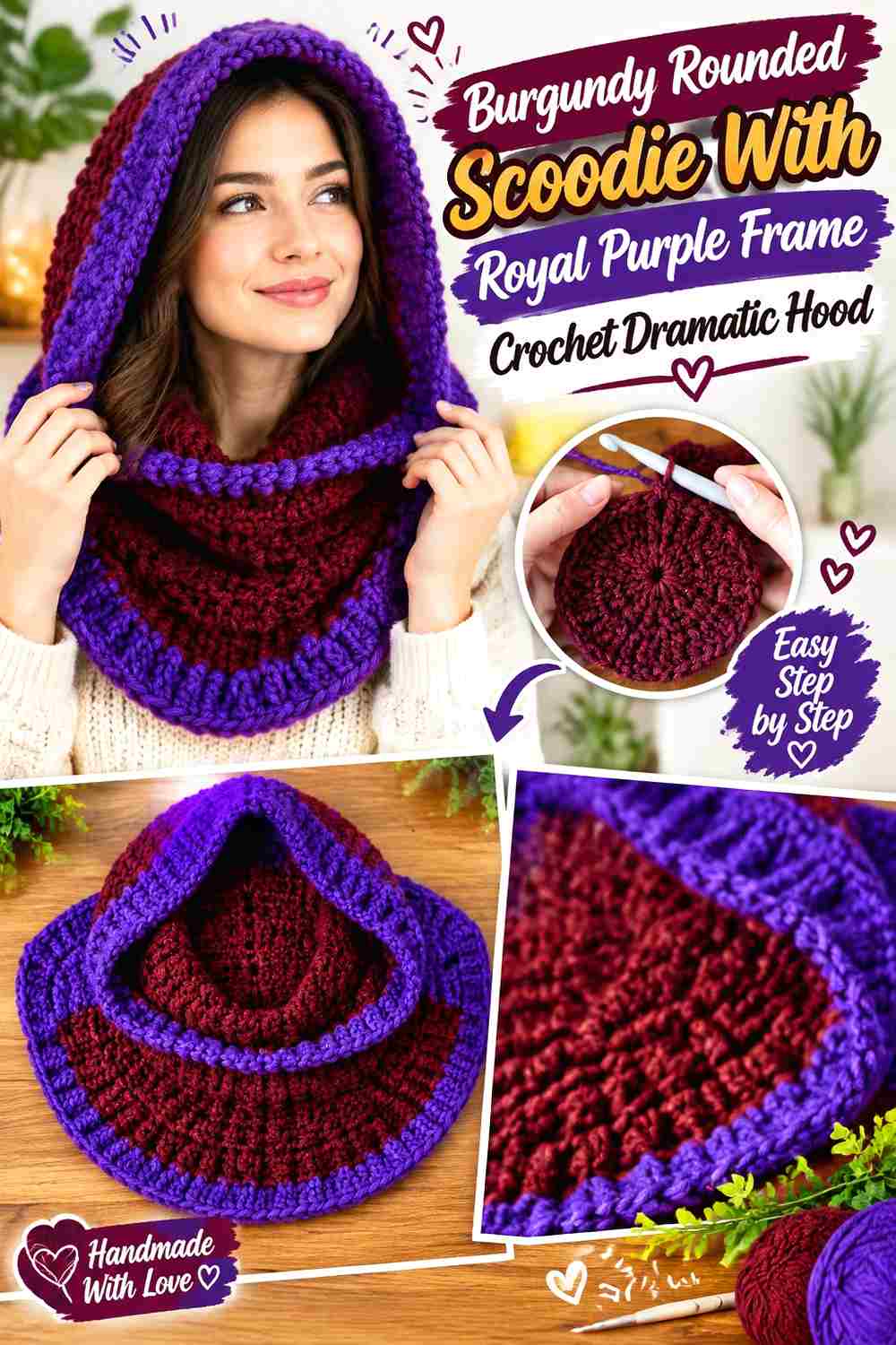 15. Burgundy Rounded Scoodie With Royal Purple Frame Crochet Dramatic Hood
