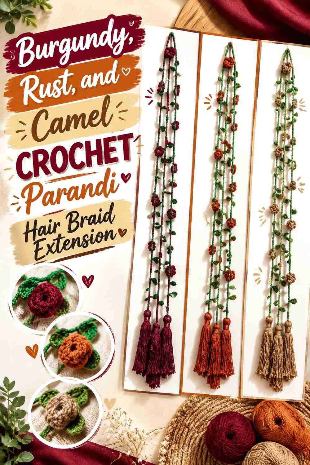 Burgundy, Rust, and Camel Crochet Parandi Hair Braid Extension