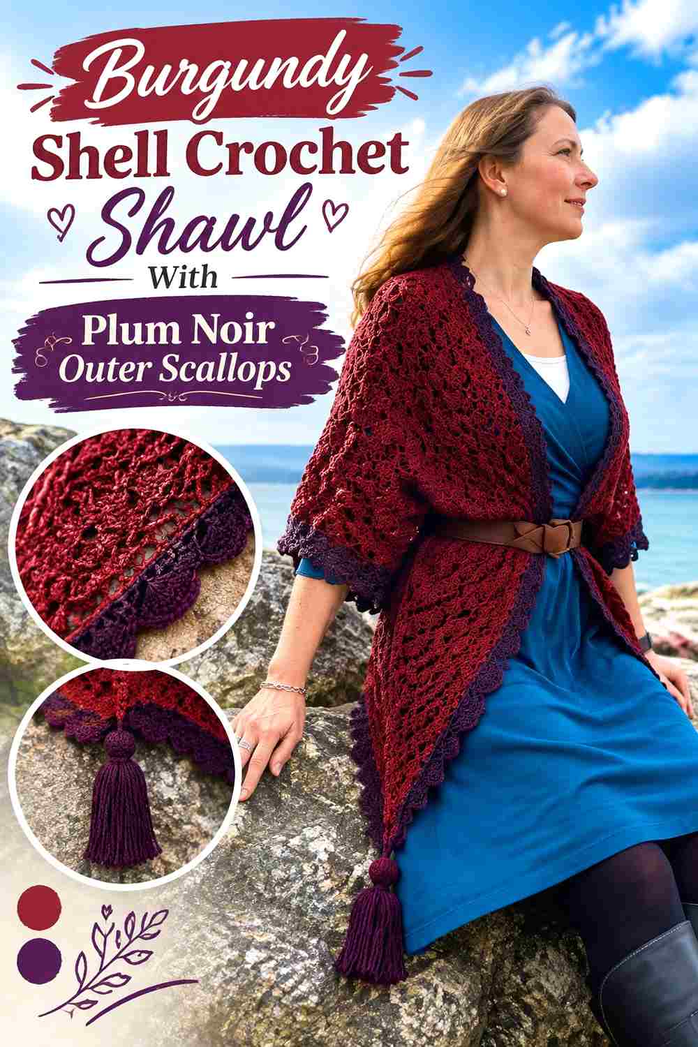 6. Burgundy Shell Crochet Shawl With Plum Noir Outer Scallops