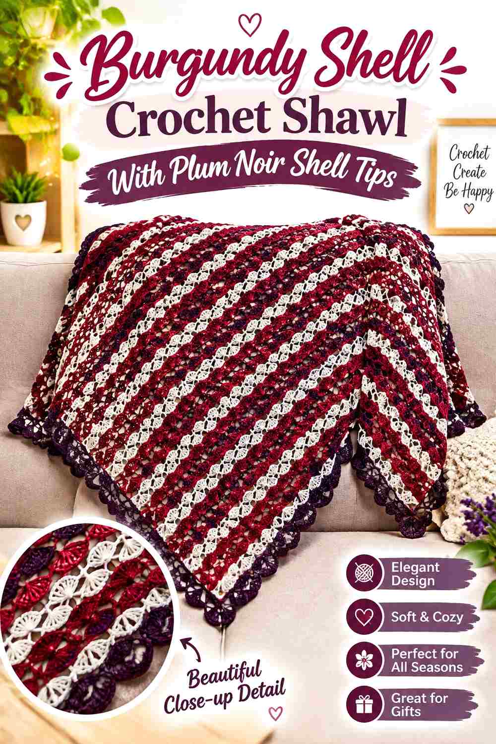 10. Burgundy Shell Crochet Shawl With Plum Noir Shell Tips