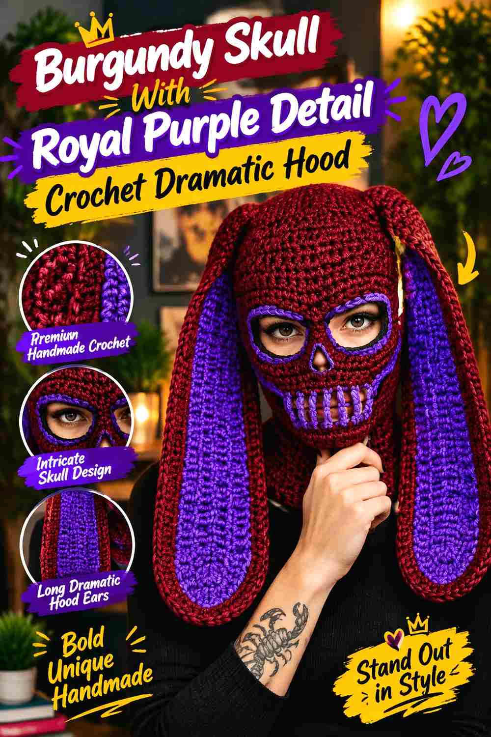 8. Burgundy Skull With Royal Purple Detail Crochet Dramatic Hood