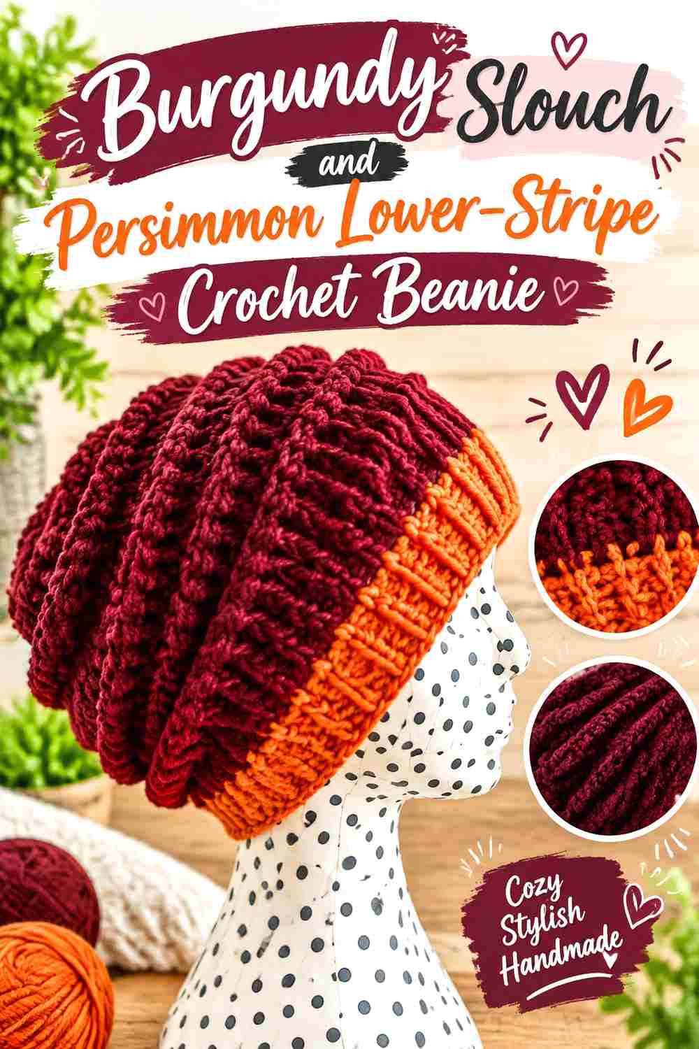 16. Burgundy Slouch And Persimmon Lower Stripe Crochet Beanie