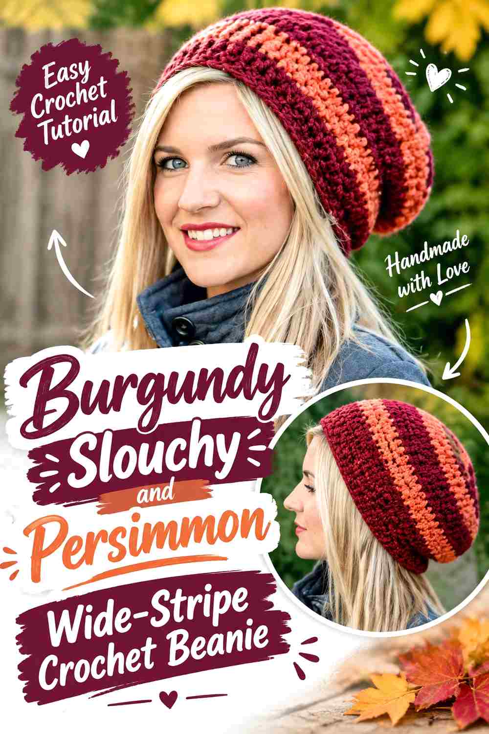 12. Burgundy Slouchy And Persimmon Wide Stripe Crochet Beanie