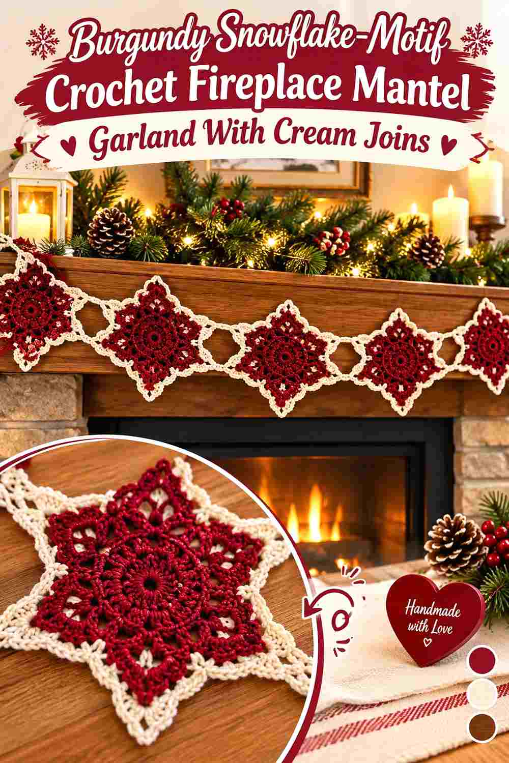 17. Burgundy Snowflake Motif Crochet Fireplace Mantel Garland With Cream Joins