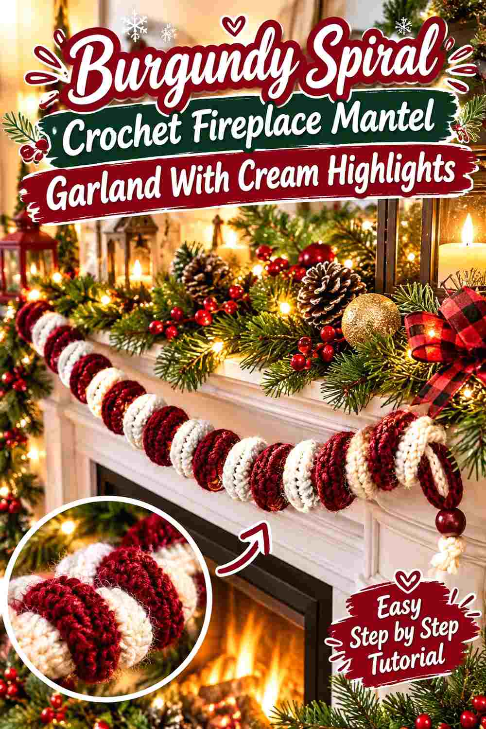 13. Burgundy Spiral Crochet Fireplace Mantel Garland With Cream Highlights
