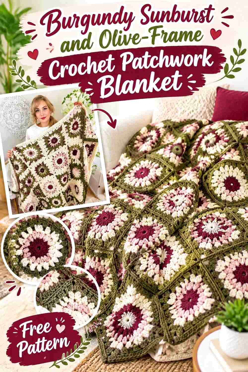 14. Burgundy Sunburst And Olive Frame Crochet Patchwork Blanket