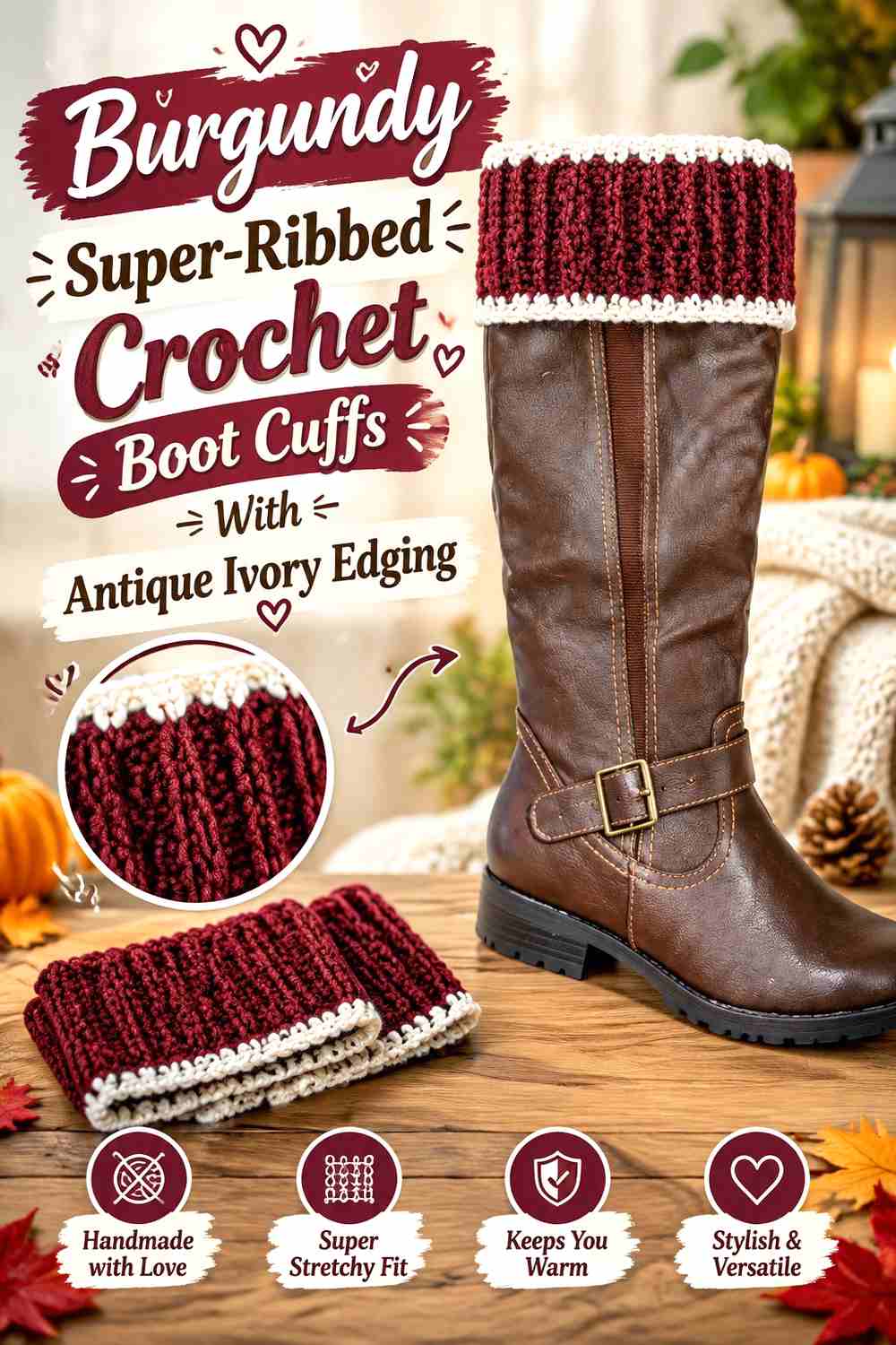 9. Burgundy Super Ribbed Crochet Boot Cuffs With Antique Ivory Edging