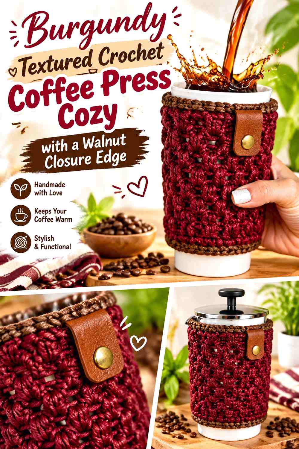 3. Burgundy Textured Crochet Coffee Press Cozy With A Walnut Closure Edge