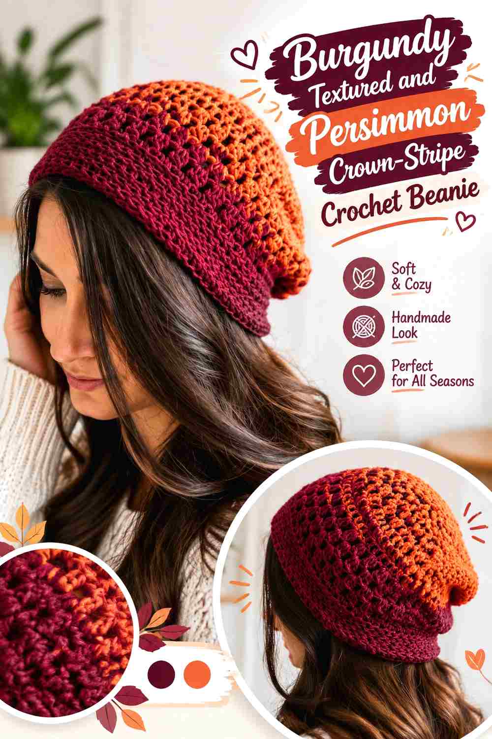 8. Burgundy Textured And Persimmon Crown Stripe Crochet Beanie