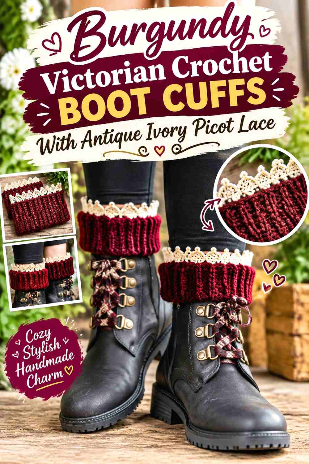 1. Burgundy Victorian Crochet Boot Cuffs With Antique Ivory Picot Lace
