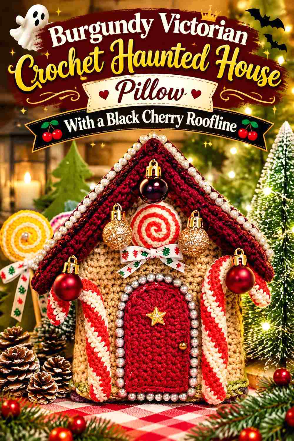 9. Burgundy Victorian Crochet Haunted House Pillow With A Black Cherry Roofline