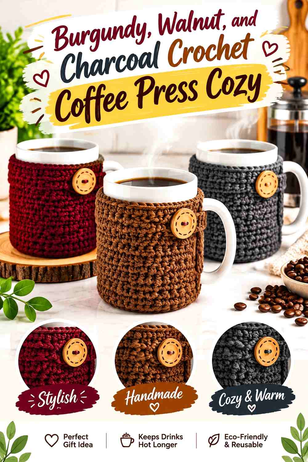 8. Burgundy Walnut And Charcoal Crochet Coffee Press Cozy