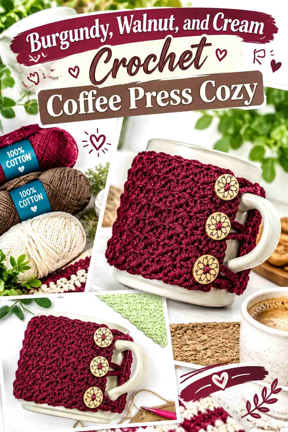 6. Burgundy Walnut And Cream Crochet Coffee Press Cozy