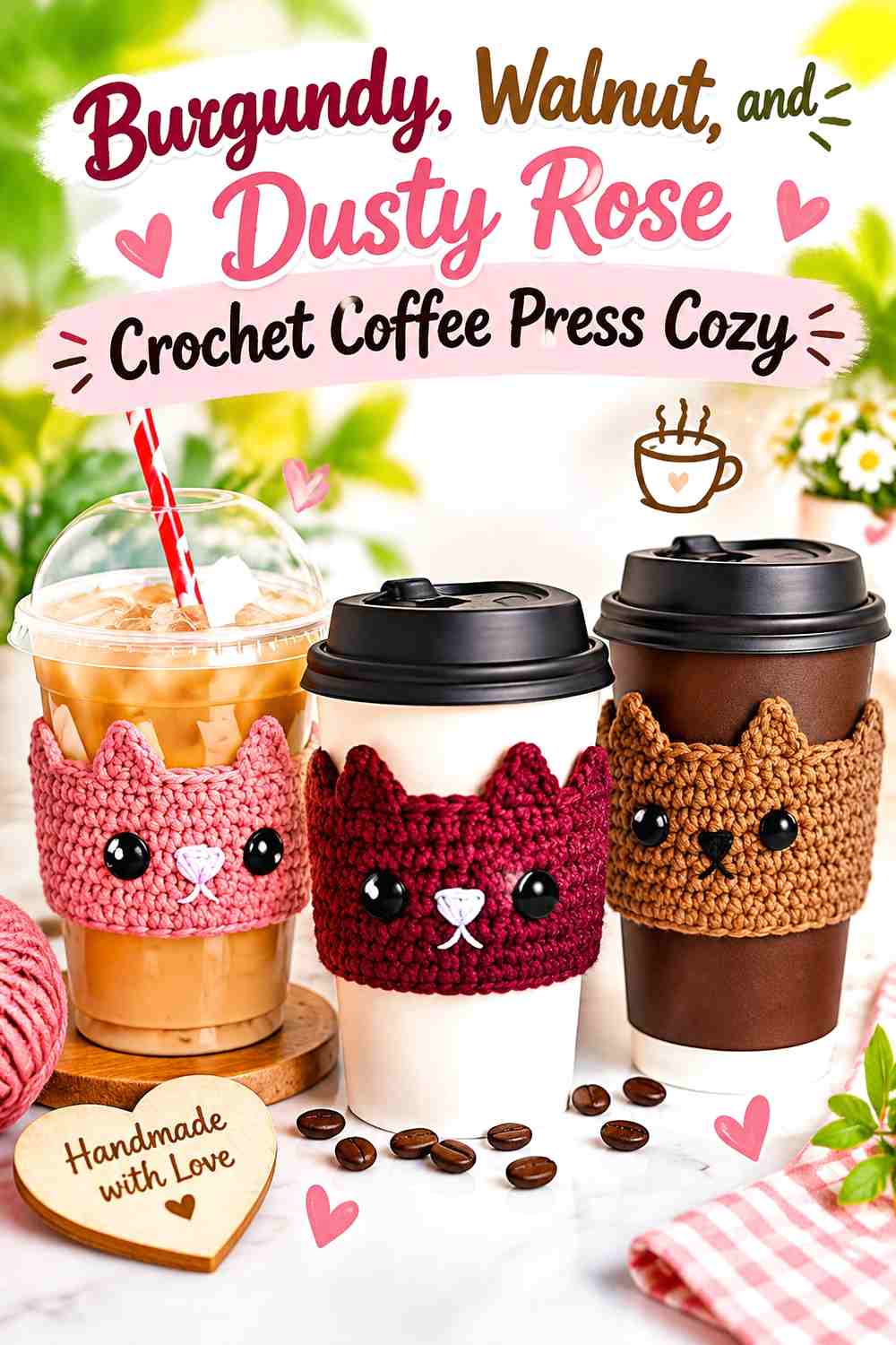 9. Burgundy Walnut And Dusty Rose Crochet Coffee Press Cozy