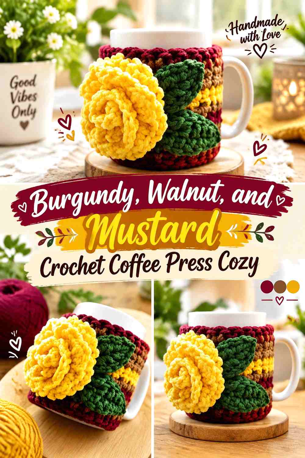 11. Burgundy Walnut And Mustard Crochet Coffee Press Cozy