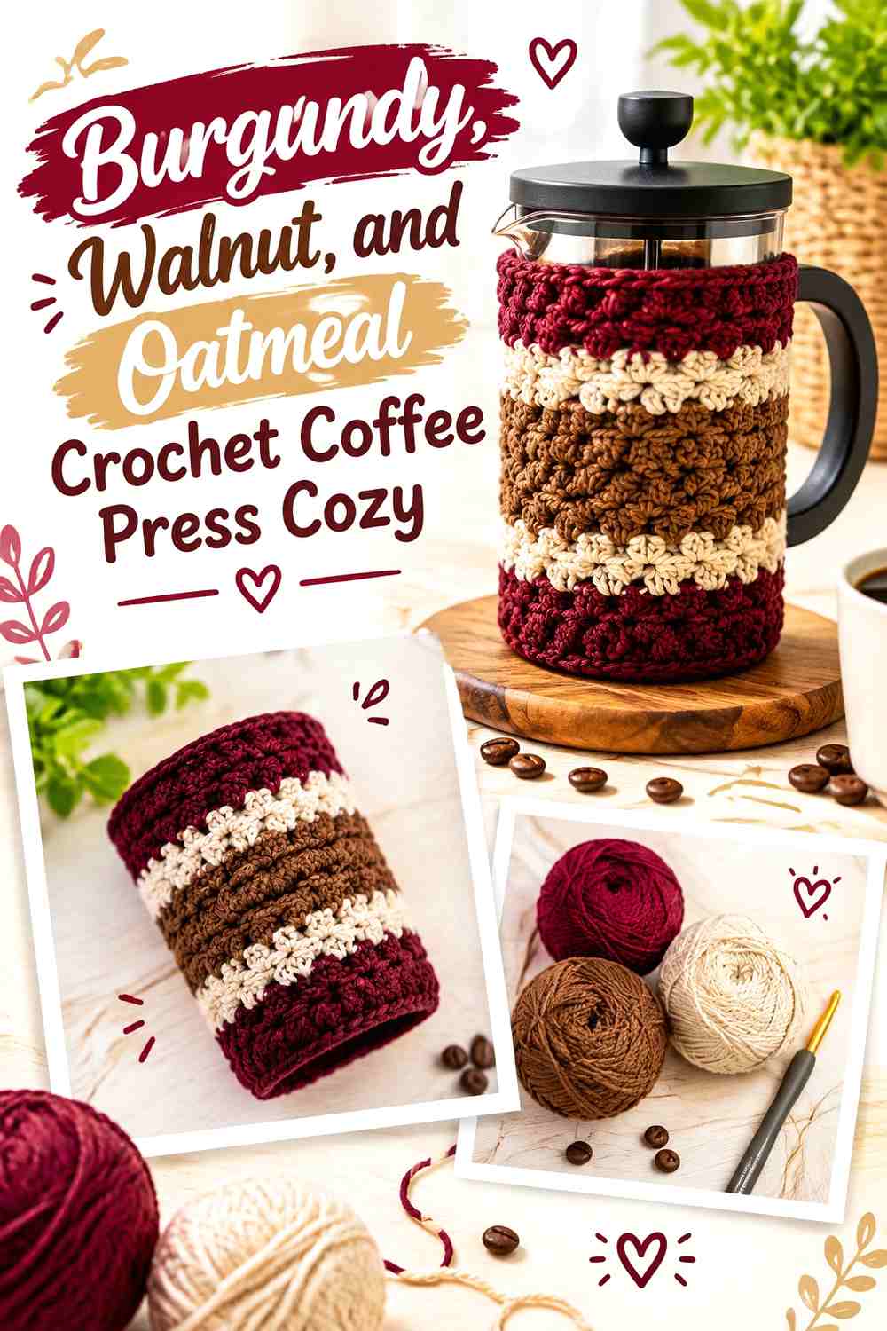 7. Burgundy Walnut And Oatmeal Crochet Coffee Press Cozy