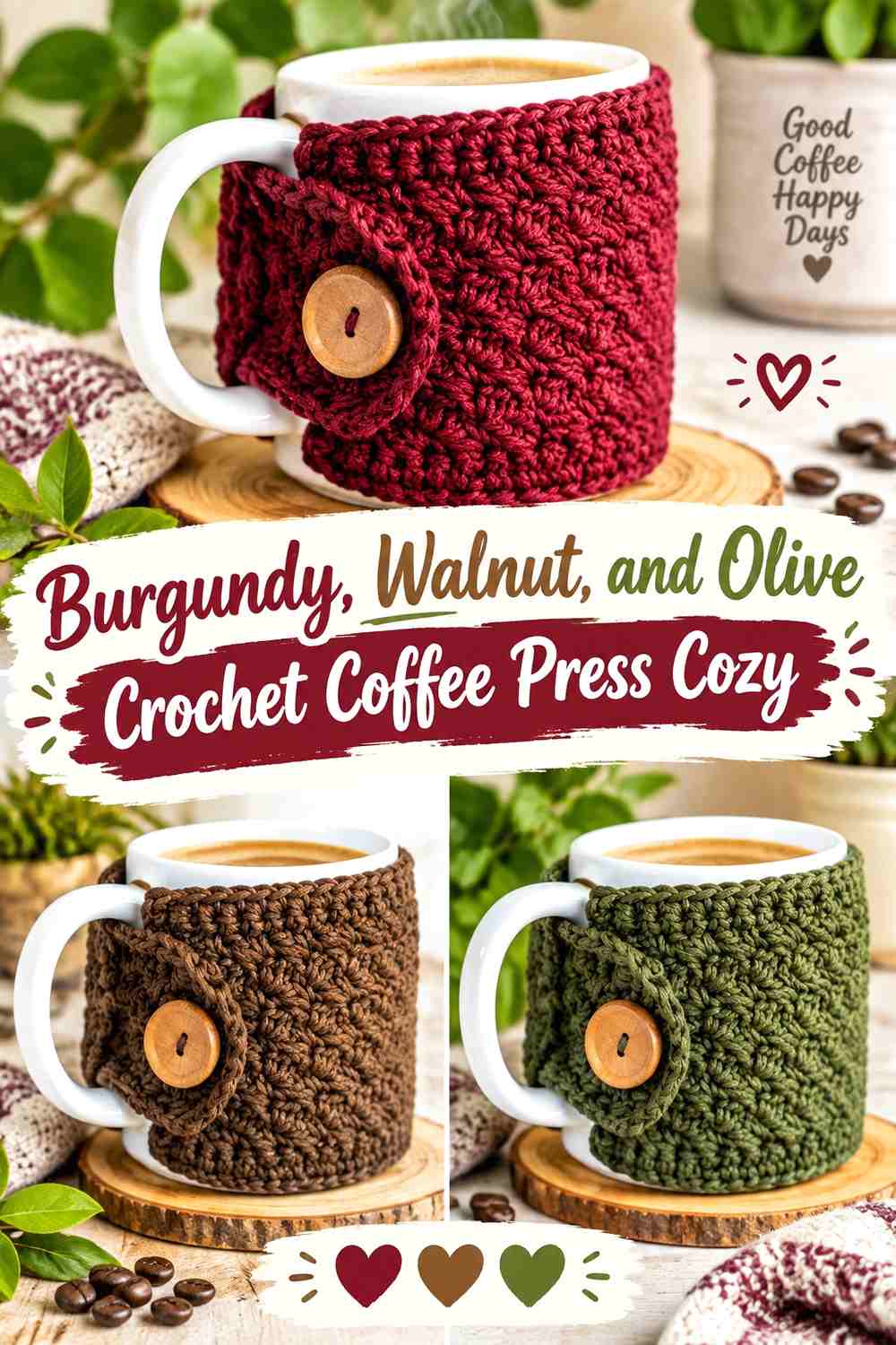 10. Burgundy Walnut And Olive Crochet Coffee Press Cozy