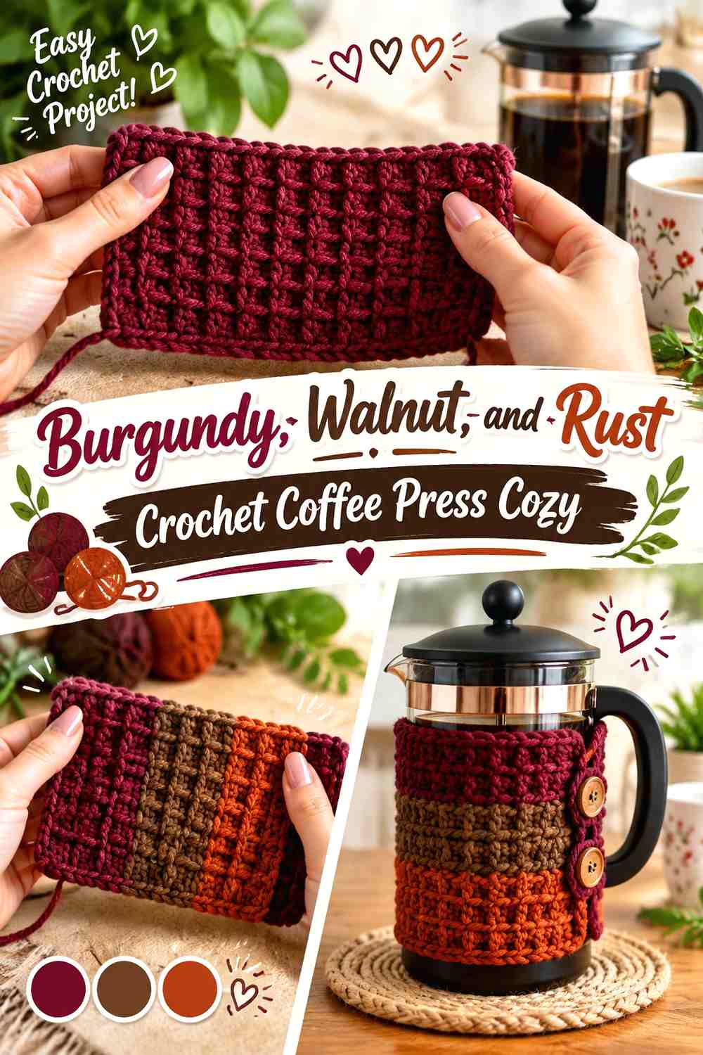 13. Burgundy Walnut And Rust Crochet Coffee Press Cozy