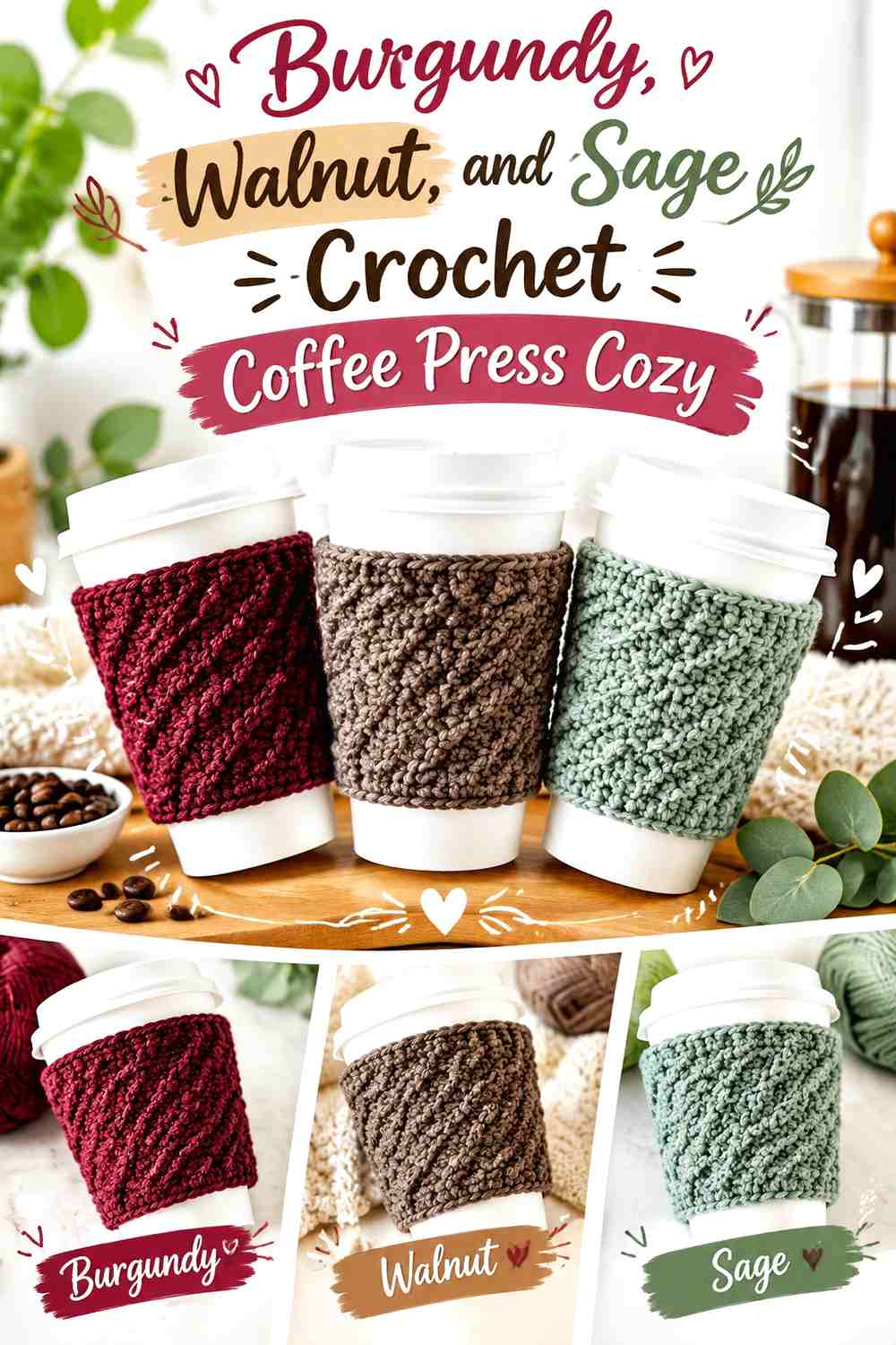 12. Burgundy Walnut And Sage Crochet Coffee Press Cozy