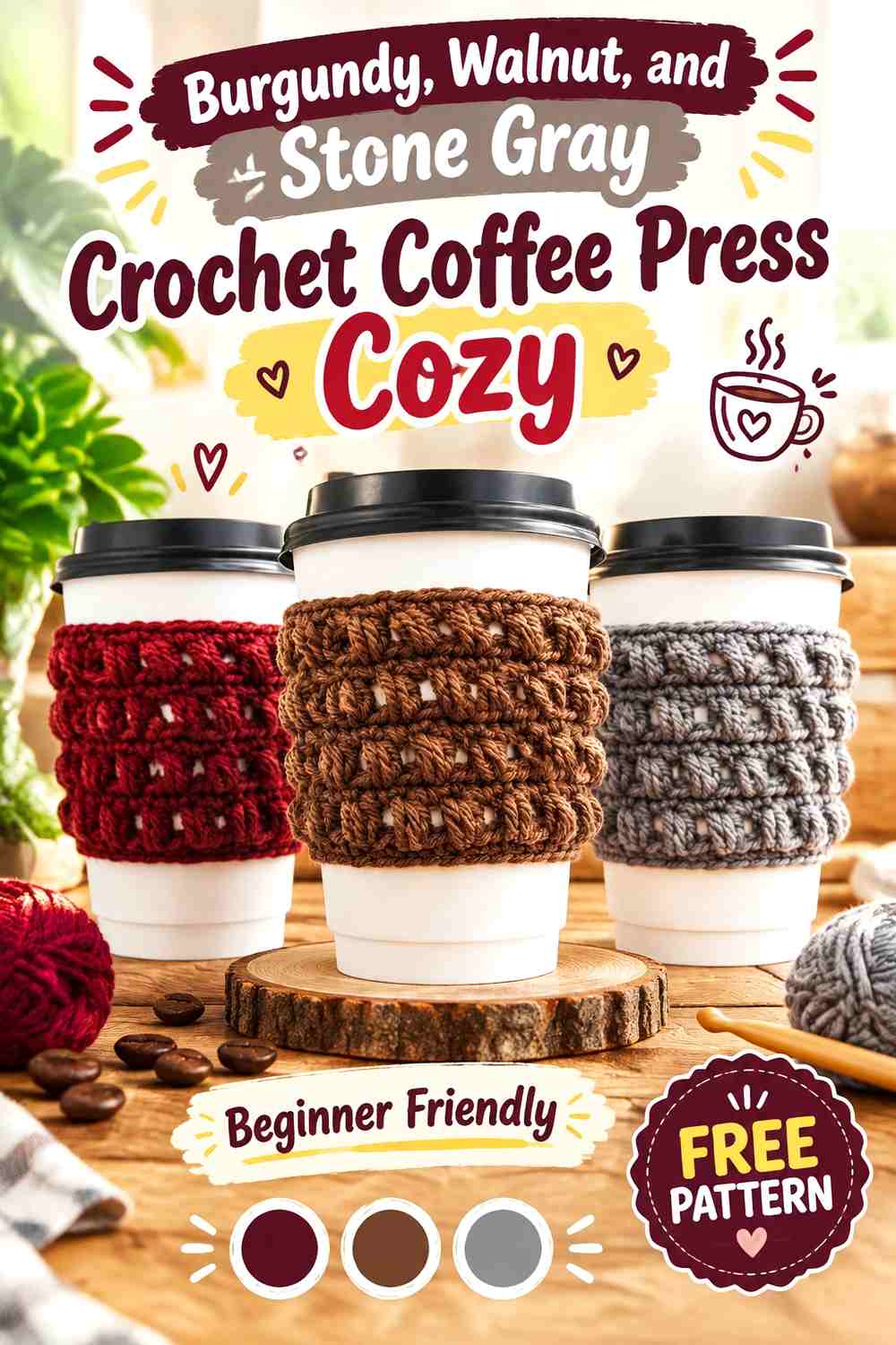 14. Burgundy Walnut And Stone Gray Crochet Coffee Press Cozy