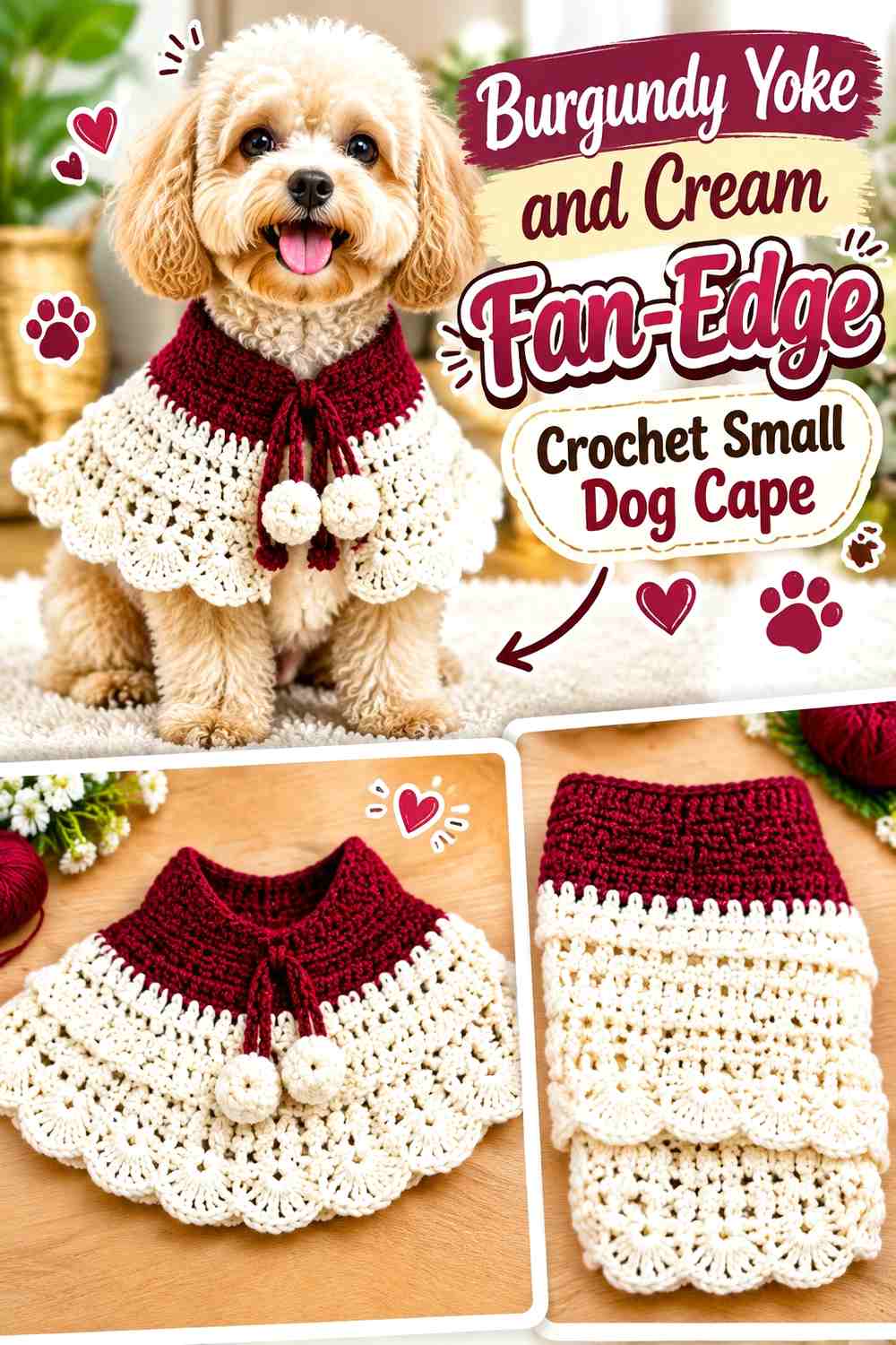 Burgundy Yoke and Cream Fan-Edge Crochet Small Dog Cape