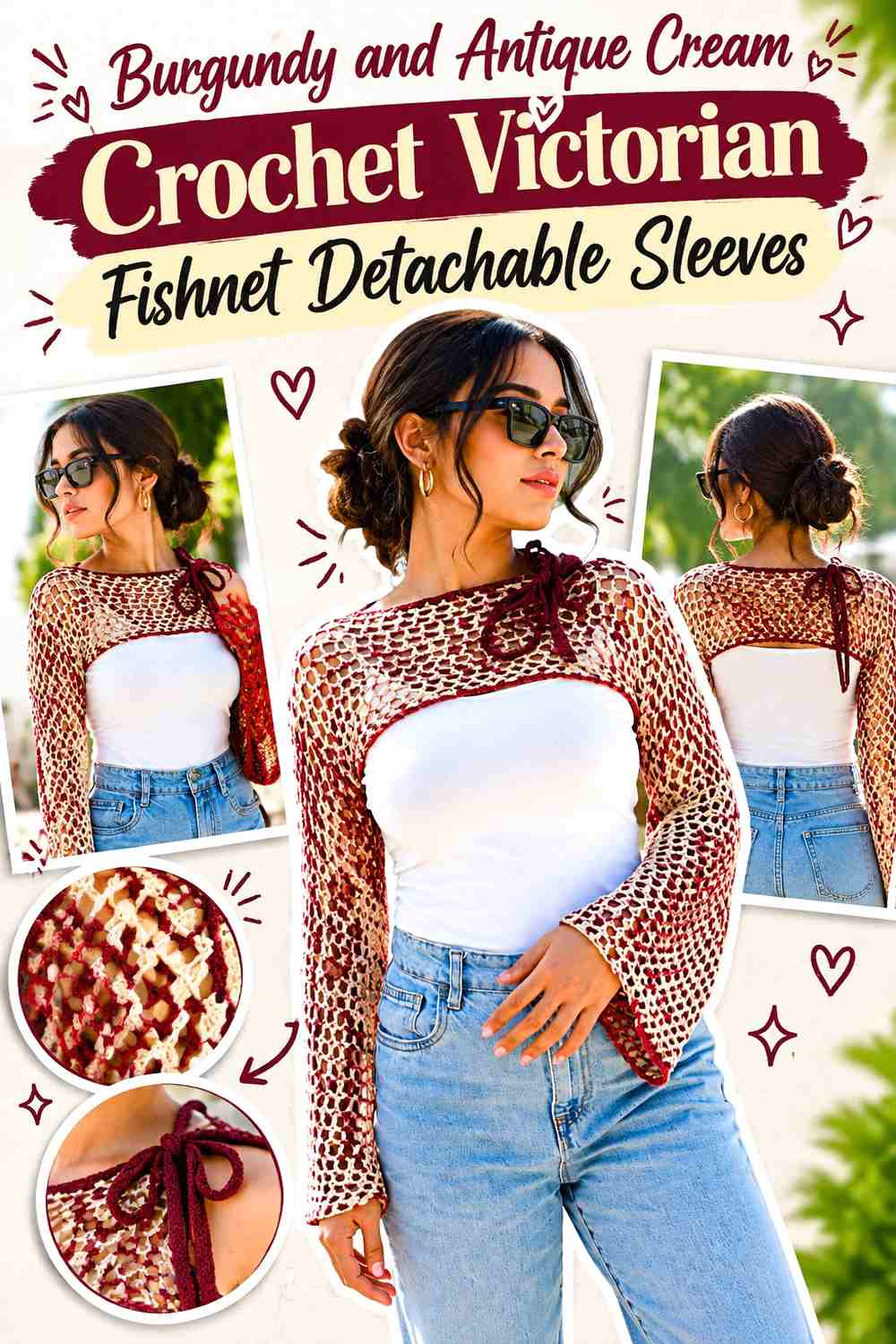 Burgundy and Antique Cream Crochet Victorian Fishnet Detachable Sleeves