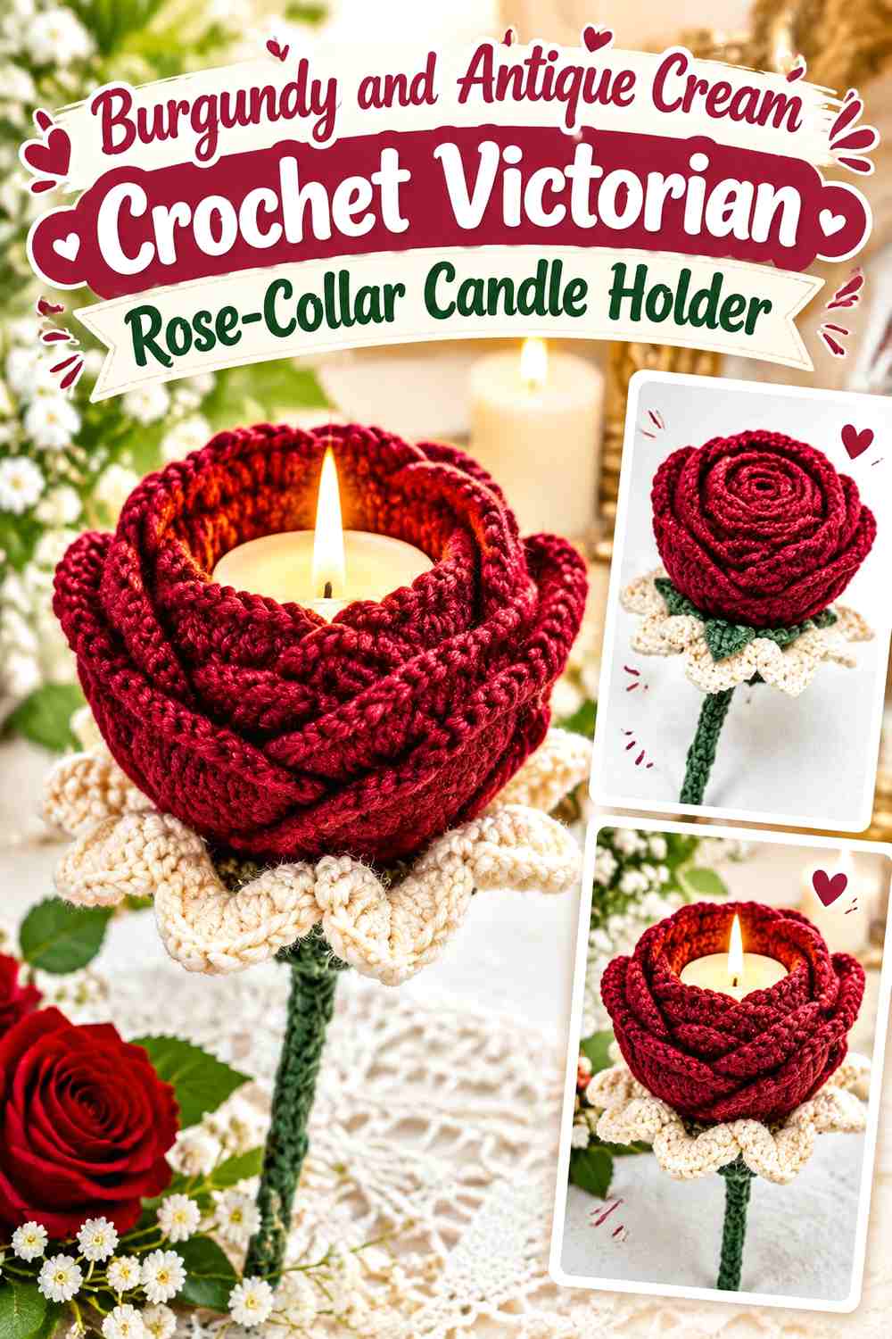 Burgundy and Antique Cream Crochet Victorian Rose-Collar Candle Holder