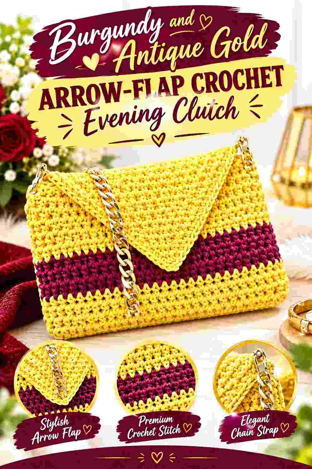 5. Burgundy And Antique Gold Arrow Flap Crochet Evening Clutch