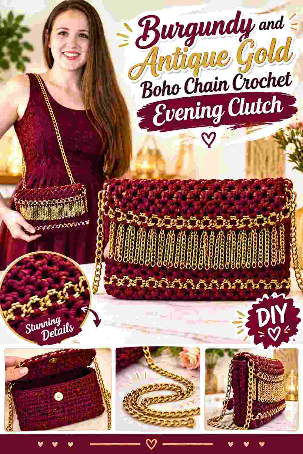 8. Burgundy And Antique Gold Boho Chain Crochet Evening Clutch